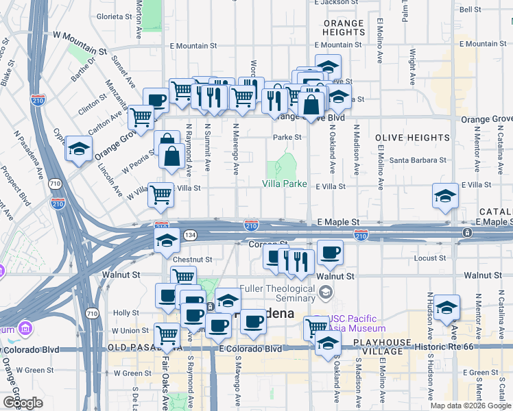 map of restaurants, bars, coffee shops, grocery stores, and more near 425 Garfield Avenue in Pasadena