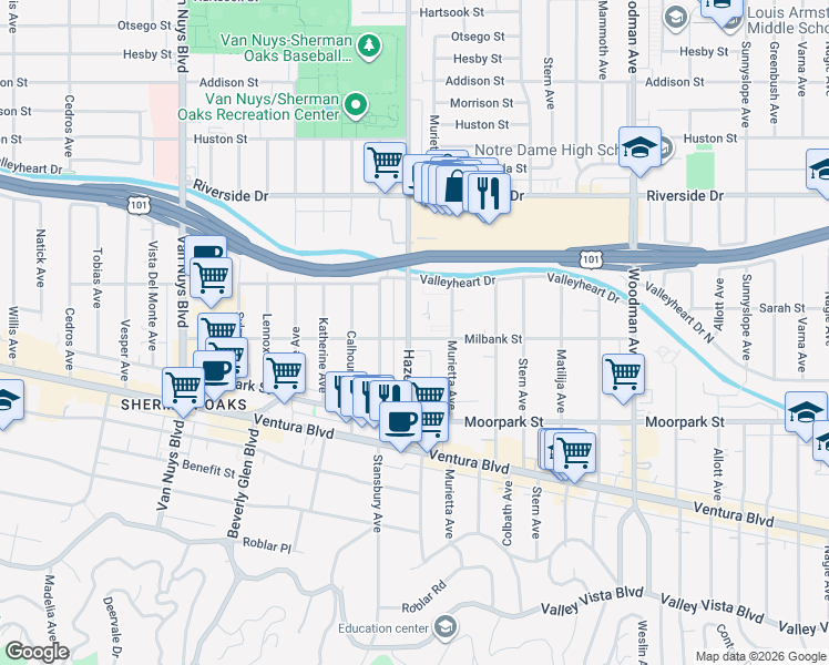 map of restaurants, bars, coffee shops, grocery stores, and more near 14061 Milbank Street in Los Angeles