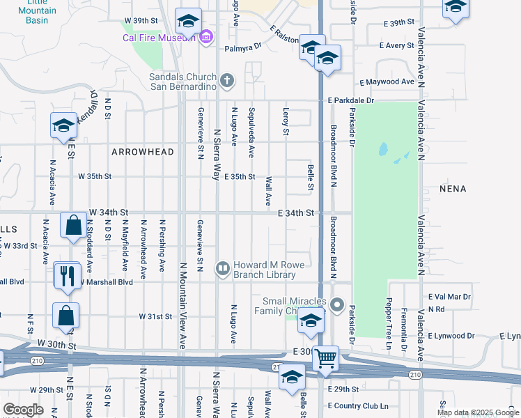 map of restaurants, bars, coffee shops, grocery stores, and more near 182 East 34th Street in San Bernardino