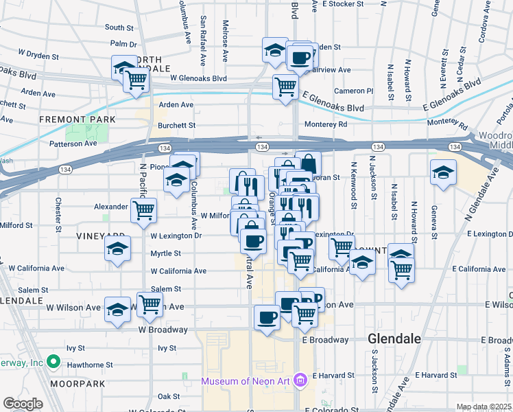 map of restaurants, bars, coffee shops, grocery stores, and more near 500 North Central Avenue in Glendale