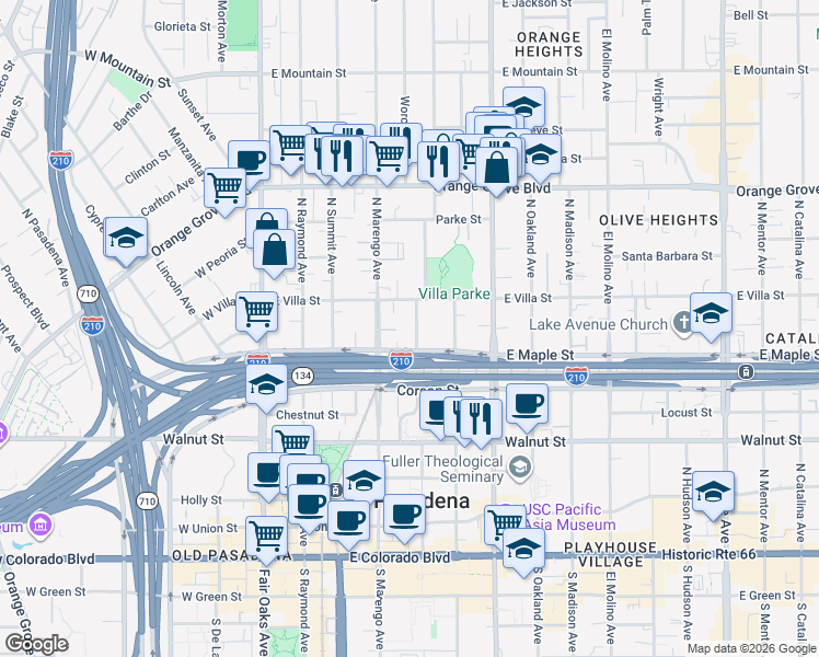 map of restaurants, bars, coffee shops, grocery stores, and more near 425 Garfield Avenue in Pasadena