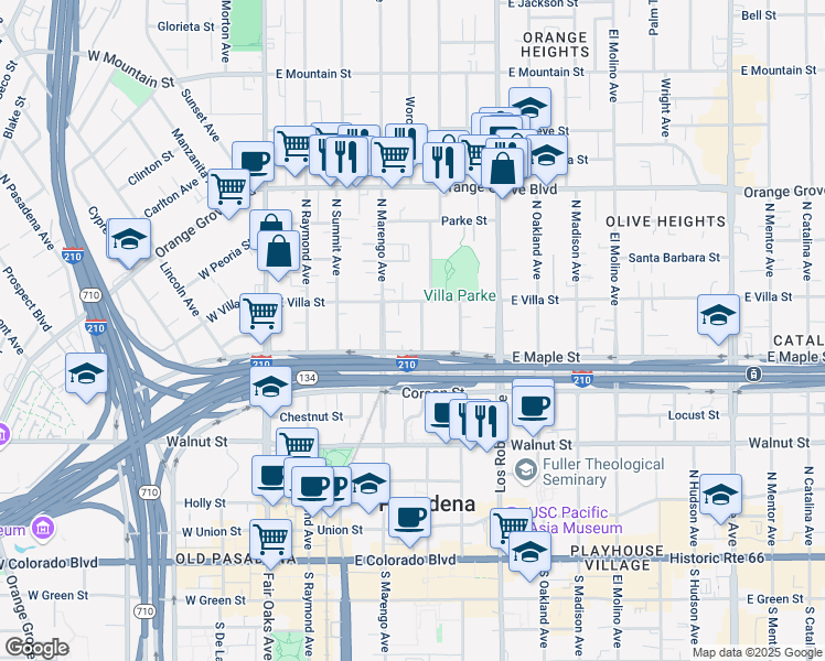 map of restaurants, bars, coffee shops, grocery stores, and more near 425 Garfield Avenue in Pasadena