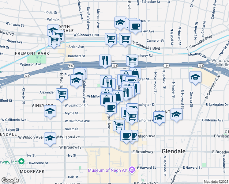 map of restaurants, bars, coffee shops, grocery stores, and more near 500 North Central Avenue in Glendale