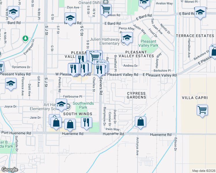 map of restaurants, bars, coffee shops, grocery stores, and more near 5200 Columbus Place in Oxnard