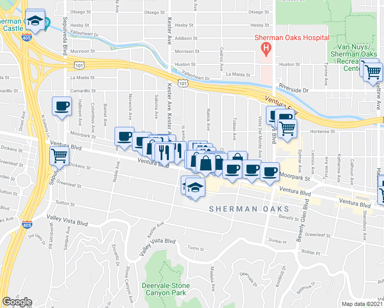 map of restaurants, bars, coffee shops, grocery stores, and more near 4543 Willis Avenue in Los Angeles