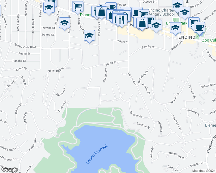 map of restaurants, bars, coffee shops, grocery stores, and more near 4620 Encino Avenue in Los Angeles