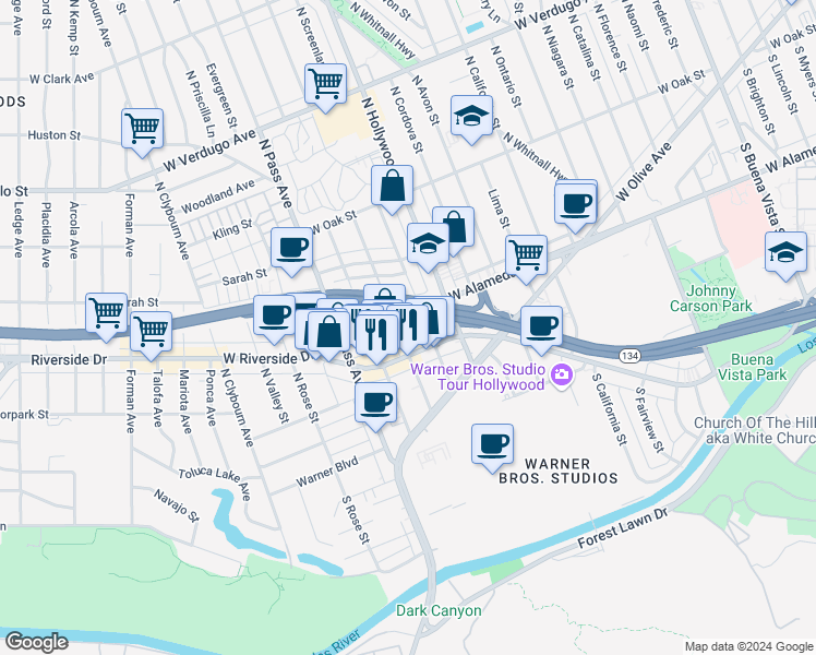 map of restaurants, bars, coffee shops, grocery stores, and more near 3800 West Alameda Avenue in Burbank