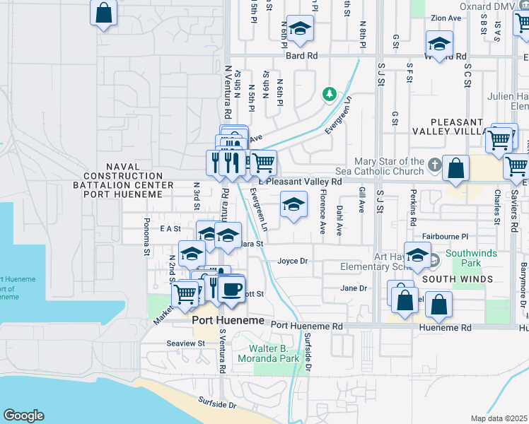 map of restaurants, bars, coffee shops, grocery stores, and more near 653 Evergreen Square in Port Hueneme