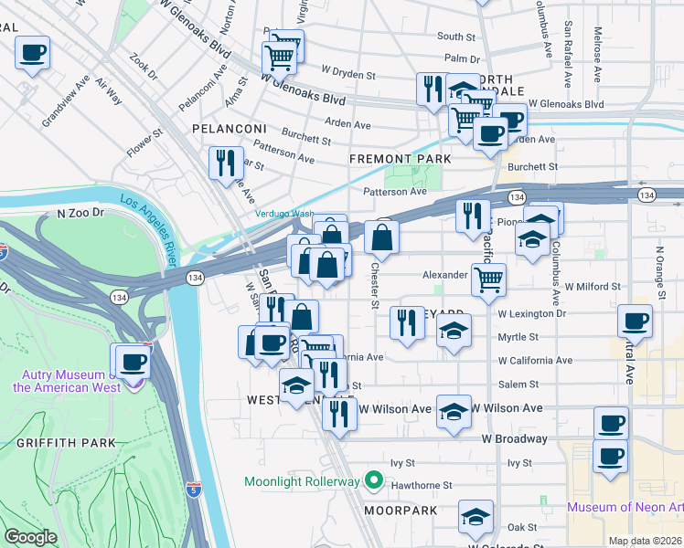 map of restaurants, bars, coffee shops, grocery stores, and more near 525 Concord Street in Glendale
