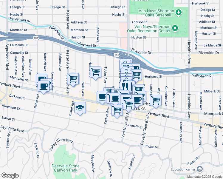 map of restaurants, bars, coffee shops, grocery stores, and more near 4503 Vesper Avenue in Los Angeles