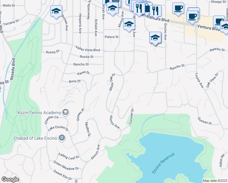 map of restaurants, bars, coffee shops, grocery stores, and more near 4547 Alonzo Avenue in Los Angeles