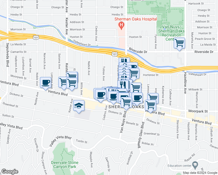 map of restaurants, bars, coffee shops, grocery stores, and more near 4503 Vesper Avenue in Los Angeles