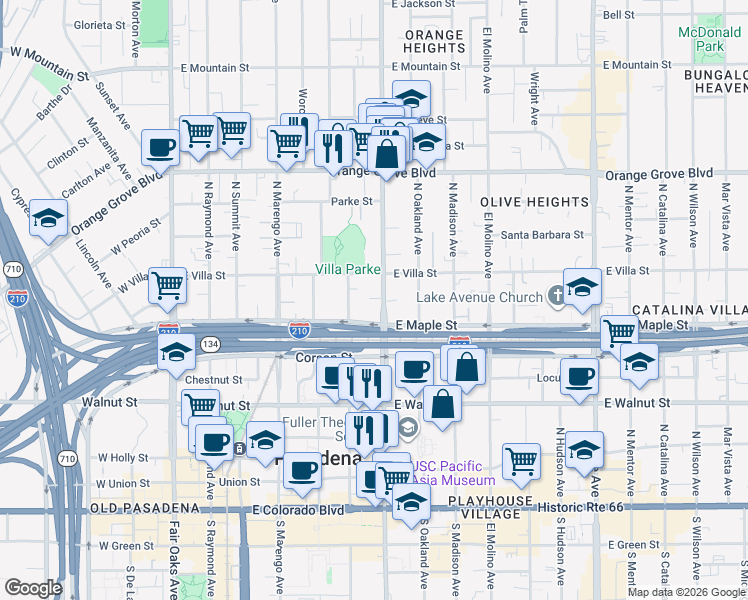 map of restaurants, bars, coffee shops, grocery stores, and more near 427 North Los Robles Avenue in Pasadena