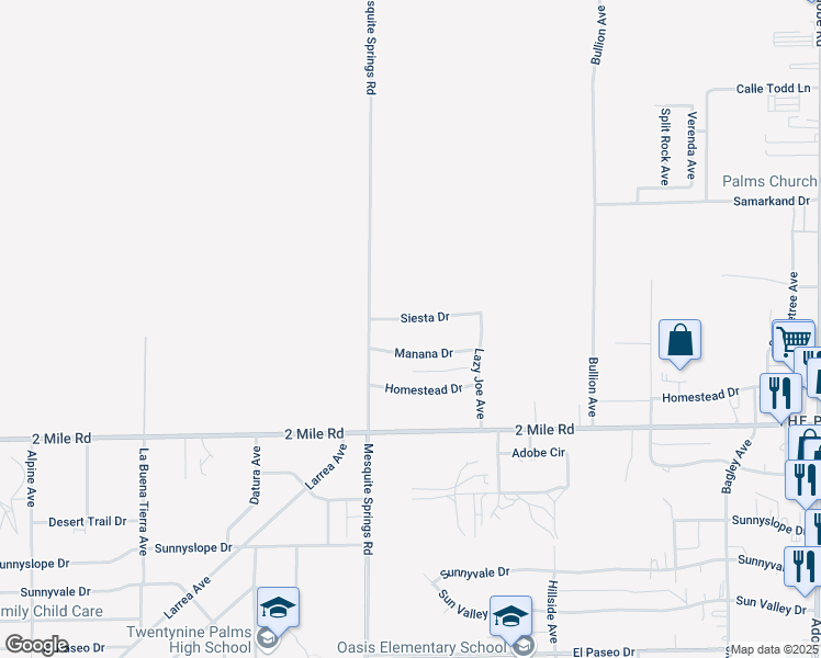 map of restaurants, bars, coffee shops, grocery stores, and more near 72976 Siesta Drive in Twentynine Palms