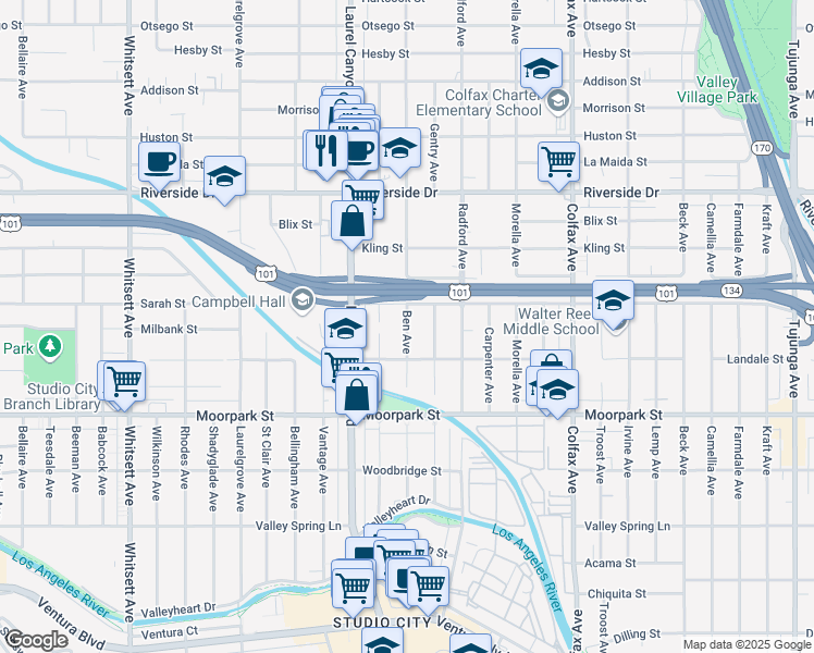 map of restaurants, bars, coffee shops, grocery stores, and more near 4559 Ben Avenue in Los Angeles