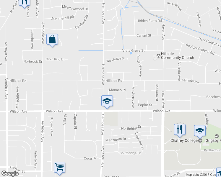 map of restaurants, bars, coffee shops, grocery stores, and more near 10158 Monaco Place in Rancho Cucamonga