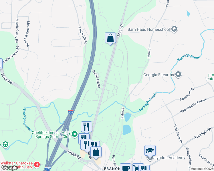 map of restaurants, bars, coffee shops, grocery stores, and more near 100 Holly Park Court in Holly Springs