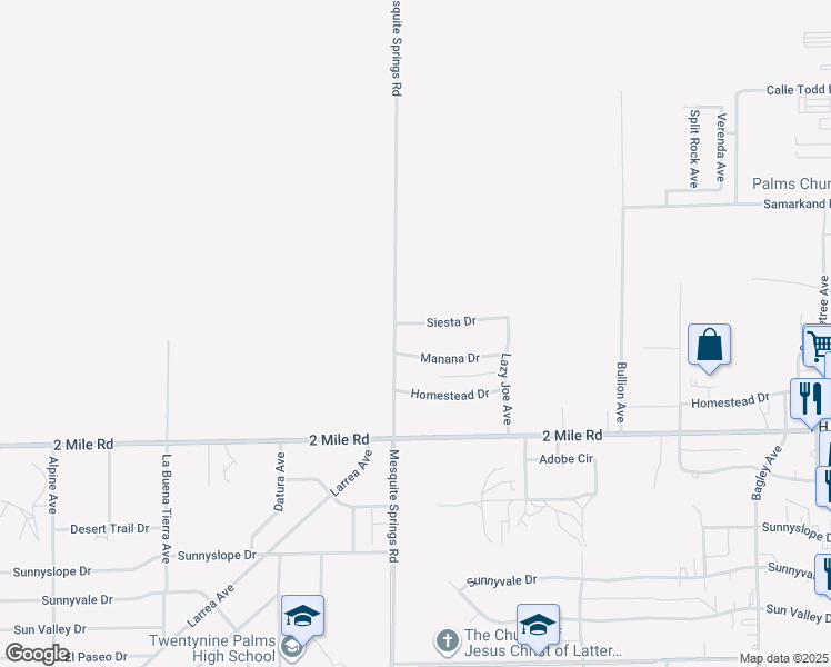 map of restaurants, bars, coffee shops, grocery stores, and more near 72915 Siesta Drive in Twentynine Palms