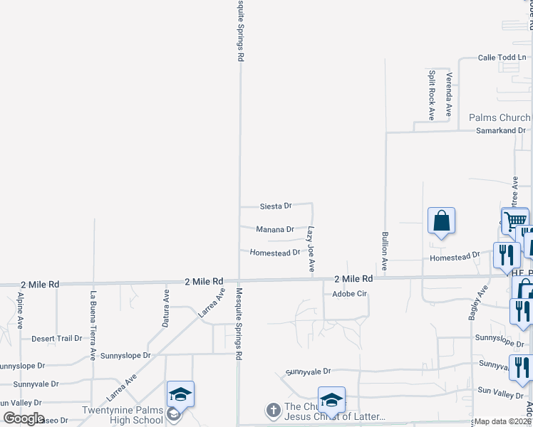 map of restaurants, bars, coffee shops, grocery stores, and more near 72975 Siesta Drive in Twentynine Palms