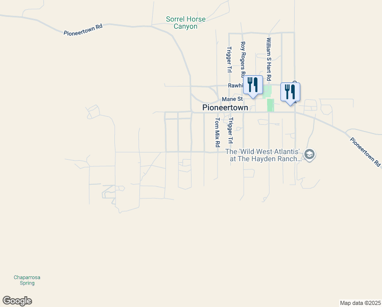 map of restaurants, bars, coffee shops, grocery stores, and more near Minna Gombell Lane in Pioneertown