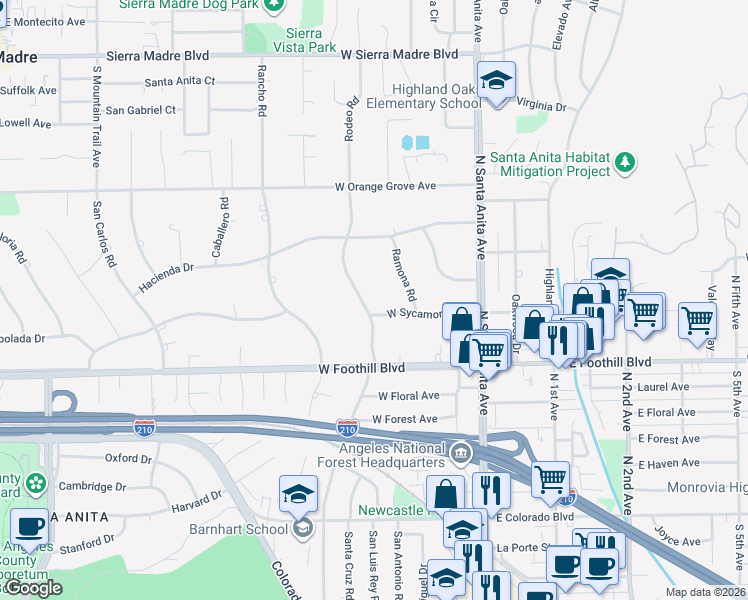 map of restaurants, bars, coffee shops, grocery stores, and more near 1220 Rodeo Road in Arcadia