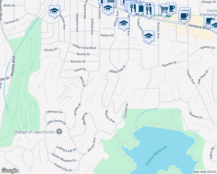 map of restaurants, bars, coffee shops, grocery stores, and more near 4547 Alonzo Avenue in Los Angeles