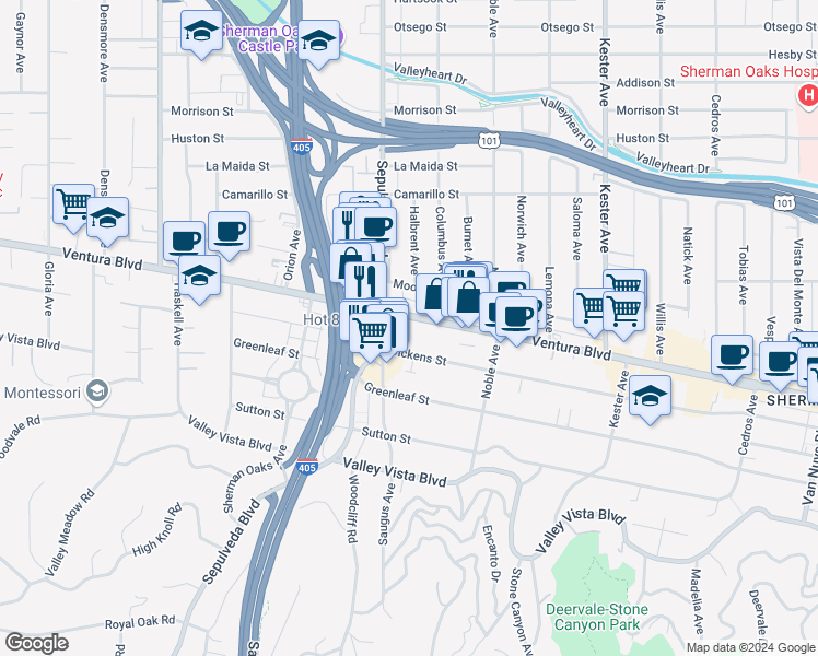 map of restaurants, bars, coffee shops, grocery stores, and more near 15250 Ventura Boulevard in Los Angeles