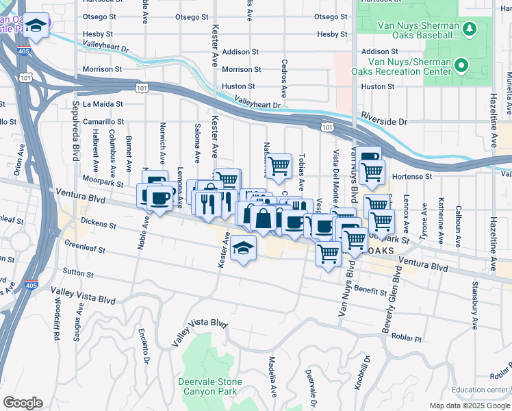 map of restaurants, bars, coffee shops, grocery stores, and more near 4542 Willis Avenue in Los Angeles