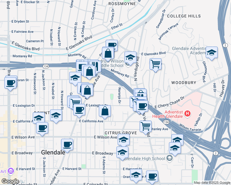 map of restaurants, bars, coffee shops, grocery stores, and more near 444 Piedmont Avenue in Glendale