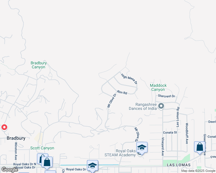 map of restaurants, bars, coffee shops, grocery stores, and more near 2212 Rim Road in Bradbury