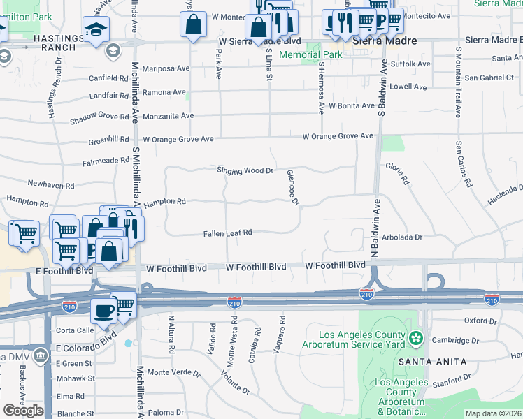map of restaurants, bars, coffee shops, grocery stores, and more near 960 Hampton Road in Arcadia