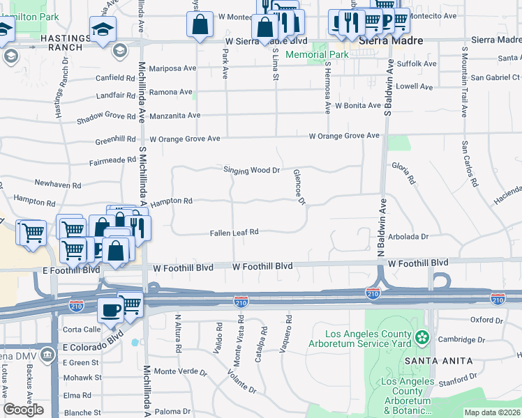 map of restaurants, bars, coffee shops, grocery stores, and more near 960 Hampton Road in Arcadia