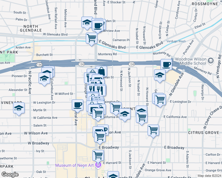 map of restaurants, bars, coffee shops, grocery stores, and more near 505 North Louise Street in Glendale