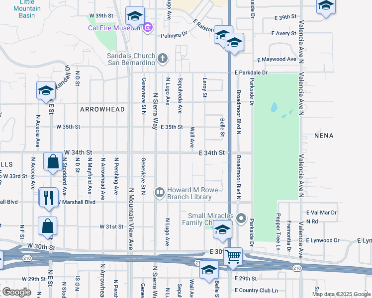 map of restaurants, bars, coffee shops, grocery stores, and more near 182 East 34th Street in San Bernardino