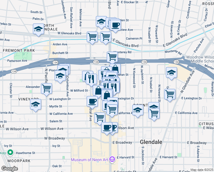 map of restaurants, bars, coffee shops, grocery stores, and more near 505 North Brand Boulevard in Glendale