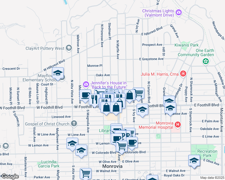 map of restaurants, bars, coffee shops, grocery stores, and more near 158 Stedman Place in Monrovia