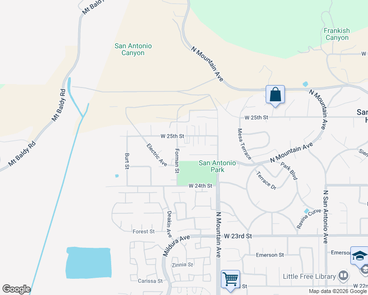 map of restaurants, bars, coffee shops, grocery stores, and more near 1280 West 25th Street in Upland