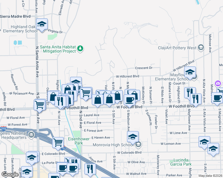 map of restaurants, bars, coffee shops, grocery stores, and more near 1212 Valencia Way in Arcadia
