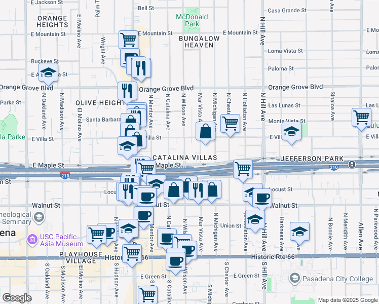 map of restaurants, bars, coffee shops, grocery stores, and more near 432 North Wilson Avenue in Pasadena