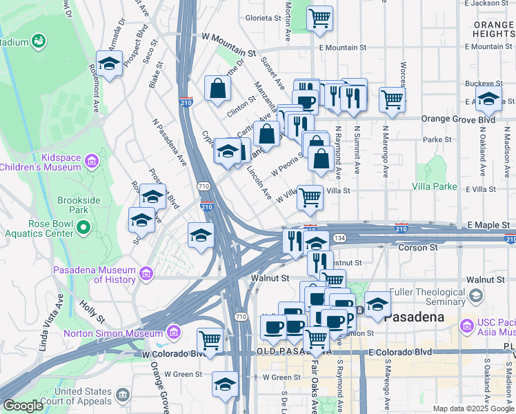 map of restaurants, bars, coffee shops, grocery stores, and more near in Pasadena