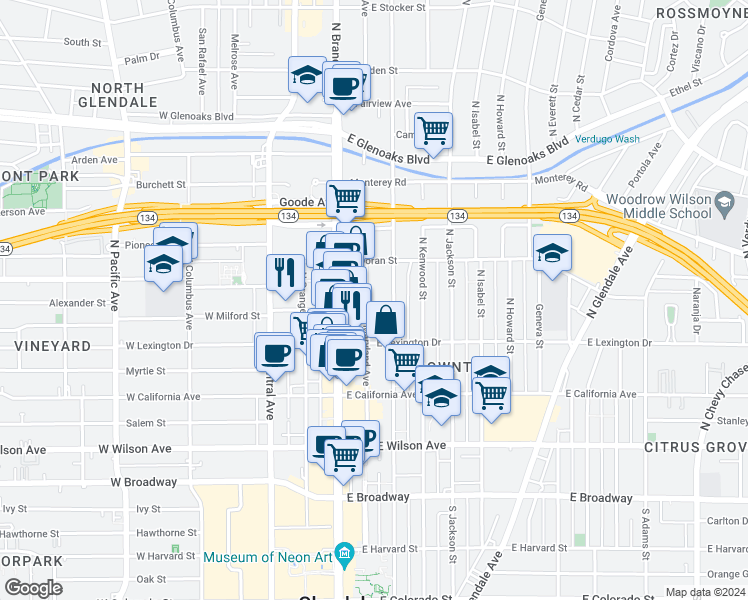 map of restaurants, bars, coffee shops, grocery stores, and more near 500 East Milford Street in Glendale