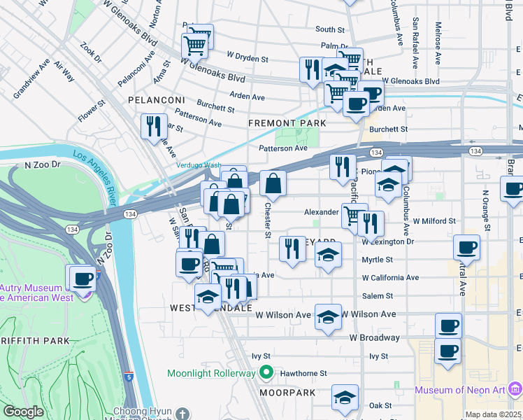 map of restaurants, bars, coffee shops, grocery stores, and more near 533 Chester Street in Glendale