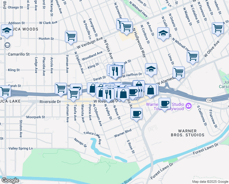 map of restaurants, bars, coffee shops, grocery stores, and more near 215 North Pass Avenue in Burbank