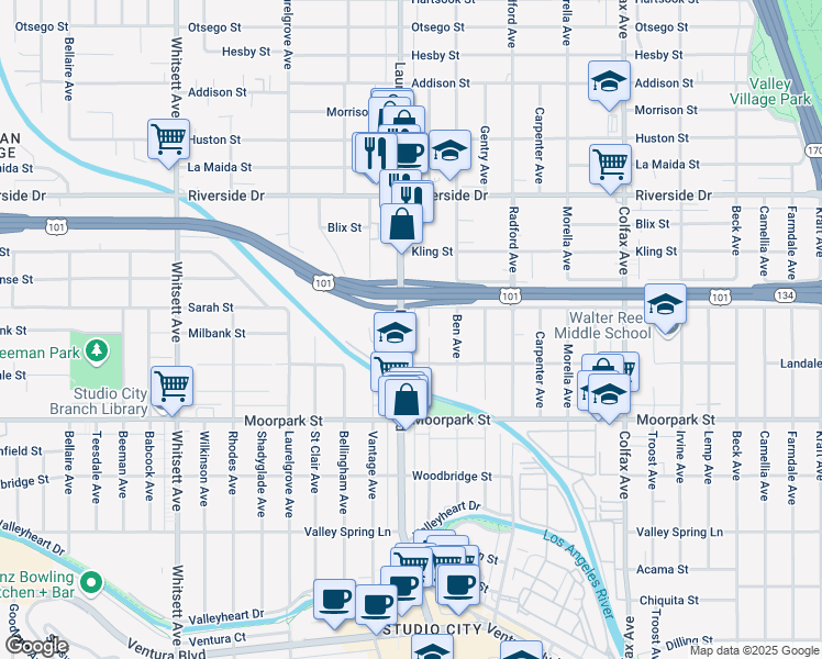 map of restaurants, bars, coffee shops, grocery stores, and more near 4540 Laurel Canyon Boulevard in Los Angeles