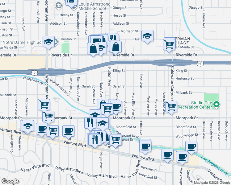 map of restaurants, bars, coffee shops, grocery stores, and more near 4549 Longridge Avenue in Los Angeles