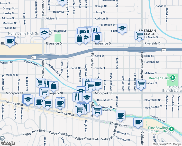 map of restaurants, bars, coffee shops, grocery stores, and more near 4562 Nagle Avenue in Los Angeles