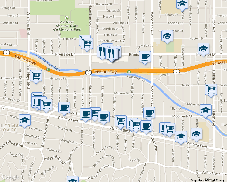 map of restaurants, bars, coffee shops, grocery stores, and more near 4505 Colbath Avenue in Los Angeles
