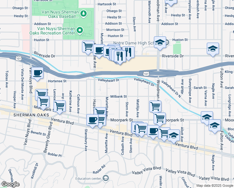 map of restaurants, bars, coffee shops, grocery stores, and more near 4505 Colbath Avenue in Los Angeles