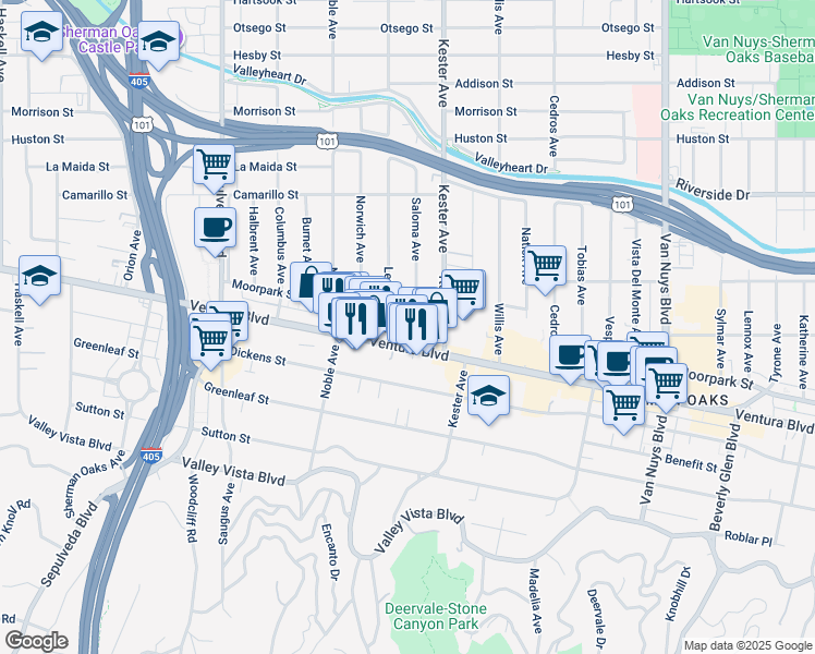 map of restaurants, bars, coffee shops, grocery stores, and more near 14958 Moorpark Street in Los Angeles