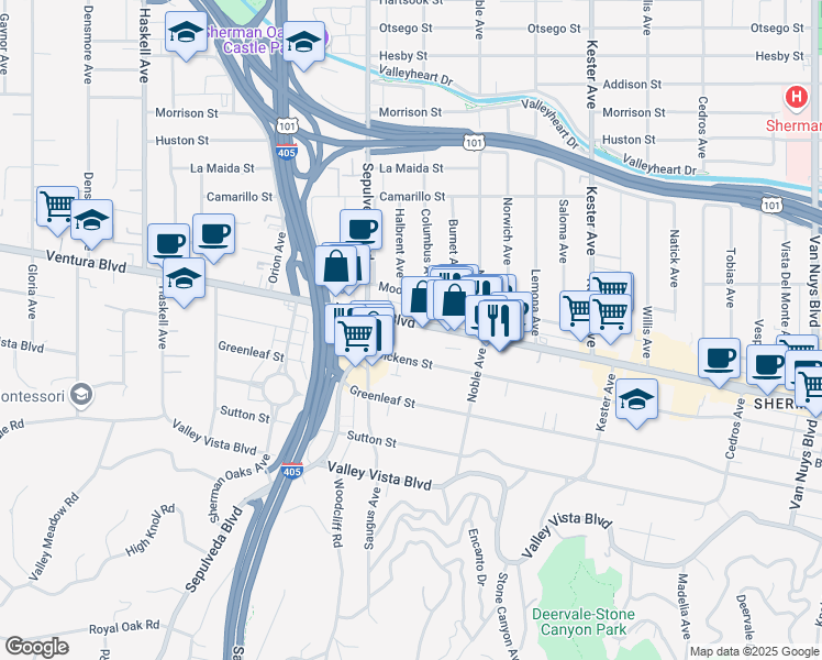 map of restaurants, bars, coffee shops, grocery stores, and more near 15200 Ventura Boulevard in Los Angeles